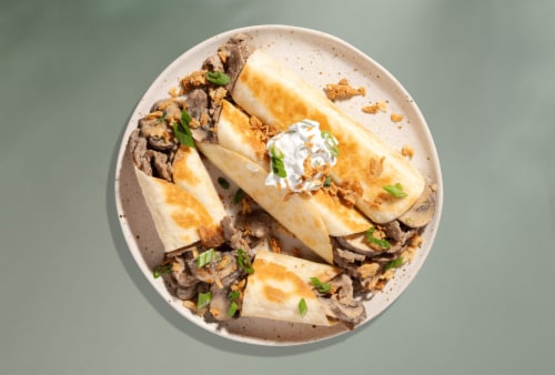 Home Chef Meal Kit Fiesta Steak Mushroom Flautas with Scallion Crema and Crispy Onions Perspective: top