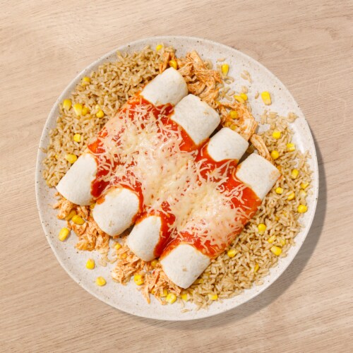 Home Chef Heat And Eat Family Red Chicken Enchiladas With Yellow Rice Perspective: top