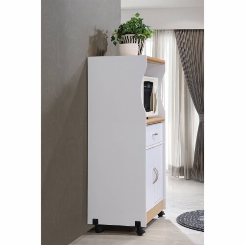 Hodedah Wheeled Kitchen Microwave Cart with Drawer and Cabinet Storage, White Perspective: top