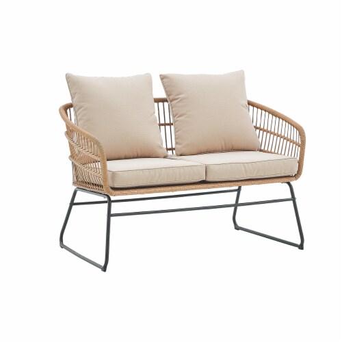 5-Pieces Wicker Rattan Outdoor Patio Set 2-Side Table Cushion Set, Beige Perspective: top