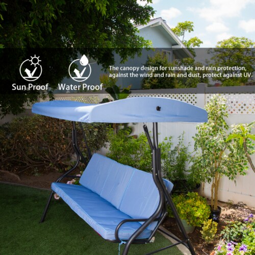 Outdoor 3-Person Patio Porch Swing Chair with Adjustable Canopy, Blue Perspective: top