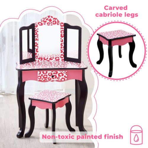 Teamson Kids Vanity Table and Stool Set in Black and Pink Leopard Perspective: top