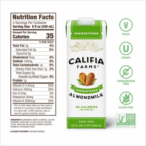 Califia Farms® Dairy Free Shelf Stable Unsweetened Almond Milk Quart Perspective: top