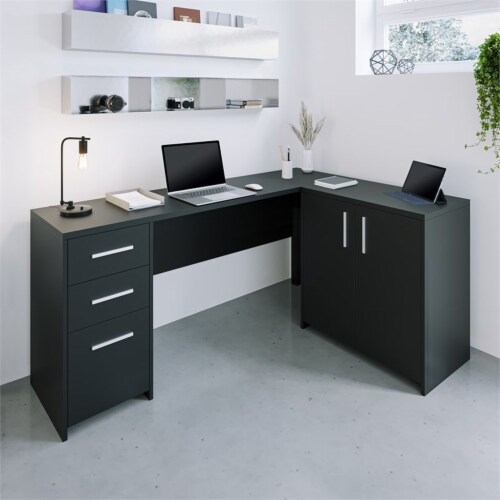 Techni mobili modern l shaped computer desk with file cabinet and deals storage