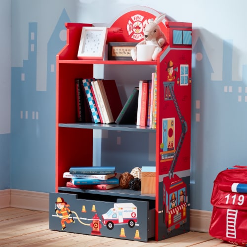 Fantasy Fields Little Fire Fighters Kids Wooden Bookshelf with Storage Drawer, Multicolor Perspective: top