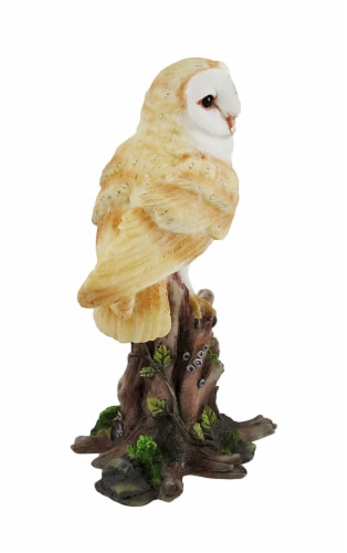 Barn Owl Vigilantly Perched on Tree Stump Statue 