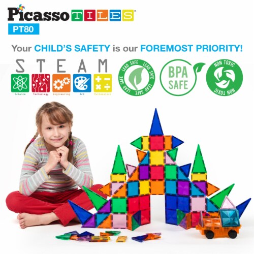 PicassoTiles 80 Piece Magnetic Building Block Set w Car Perspective: top