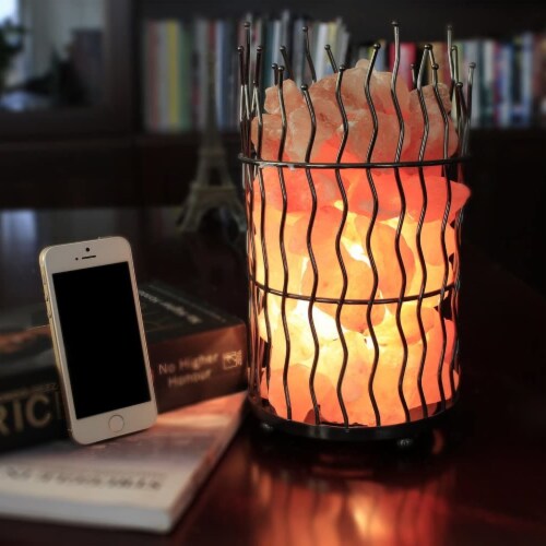 Himalayan Glow Pillar Style Metal Basket Lamp, Dimmable Lamp with Pink Salt Chunks | 8-10 lbs Perspective: top