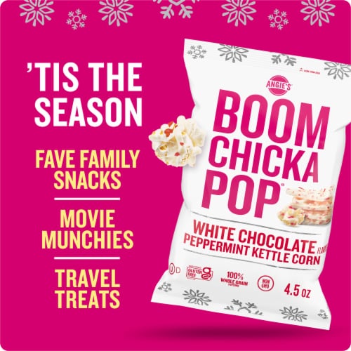 Angie's Boomchickapop White Chocolate & Peppermint Flavored Kettle Corn Popcorn Perspective: top