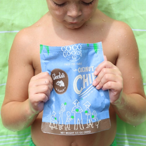 CocoGoods Co Natural Toasted Coconut Chips Chocolate 3.5 oz, Zip lock Bag Perspective: top