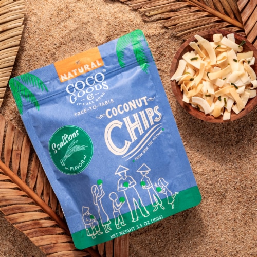 CocoGoods Co Natural Toasted Coconut Chips Scallions 3.5 oz, Zip lock Bag Perspective: top