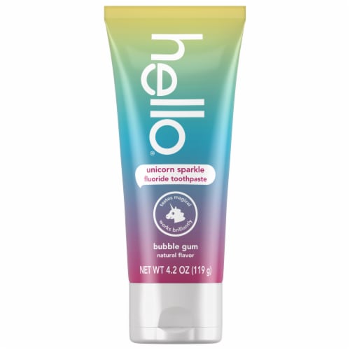 hello Unicorn Sparkle Kids Toothpaste with Fluoride Bubble Gum Toothpaste 4.2 Oz Tube Perspective: top
