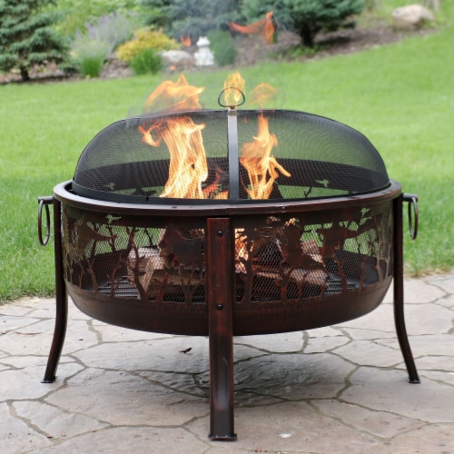 Sunnydaze 30" Fire Pit Steel with Pheasant Hunting Design and Spark Screen Perspective: top