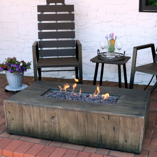 Rustic Faux Wood Propane Gas Fire Pit Table with Cover and Lava Rocks Perspective: top