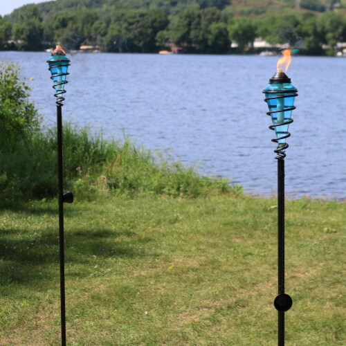 Sunnydaze 2-in-1 Metal Swirl with Blue Glass Outdoor Lawn Torch - Set of 2 Sunnydaze 2-in-1 Metal Swirl with Blue Glass Outdoor Lawn Torch - Set of 2
