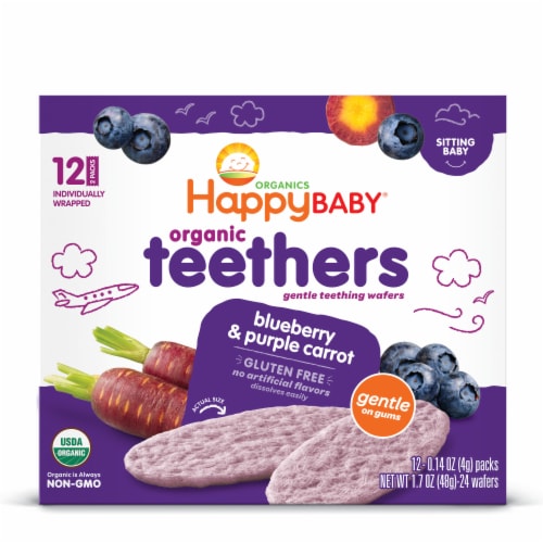 Happy Baby Organic Teethers Gluten Free Gentle Teething Wafers Blueberry & Purple Carrot Box Perspective: top