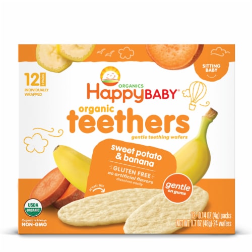 Happy Baby Organic Teethers Gluten Free Gentle Teething Wafers Sweet Potato & Banana Box Perspective: top