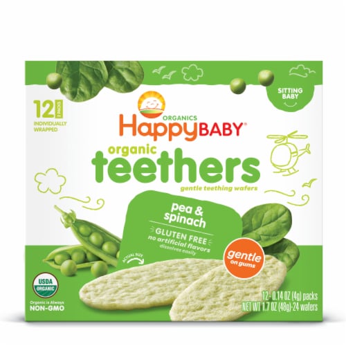 Happy Baby Organic Teethers Gluten Free Gentle Teething Wafers Pea & Spinach Box Perspective: top