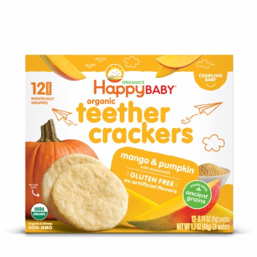 Happy Baby Organic Teether Crackers Gluten Free Mango & Pumpkin with Amaranth Box Perspective: top