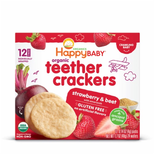 Happy Baby Organic Teether Crackers Gluten Free Strawberry & Beet with Amaranth Box Perspective: top