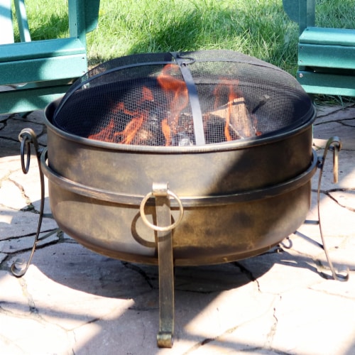 Sunnydaze 24 in Cauldron Steel Fire Pit with Spark Screen, Poker, and Grate Perspective: top
