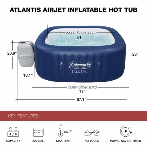 Coleman Atlantis SaluSpa 140 AirJet Square 4-6 Person Inflatable Hot Tub, Blue Perspective: top