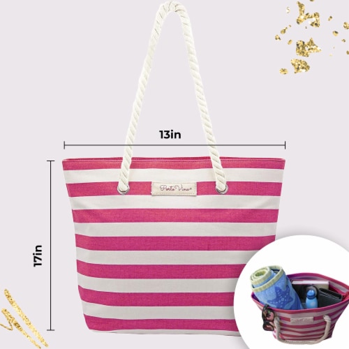 PortoVino Pink Stripes Tote Beach Bag Canvas Wine Purse w Hidden Spout Dispenser Flask Large Foods Co