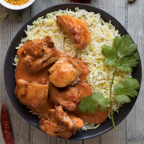 Cafe Spice® Chicken Tikka Masala with Basmati Saffron Rice Meal Perspective: top