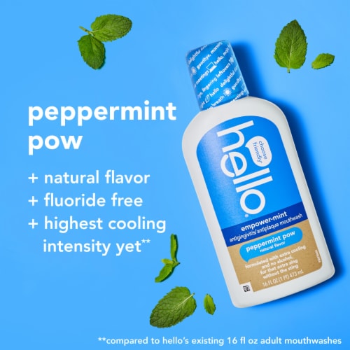 hello Empower Mint Fluoride Free and Alcohol Free Mouthwash Peppermint Pow 16 Fl Oz Bottle Perspective: top