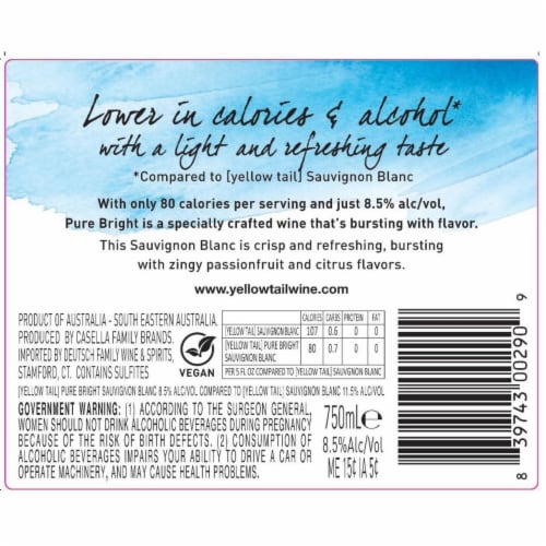 Yellow Tail Pure Bright Only 80 Calories Sauvignon Blanc Australia White Wine Perspective: top