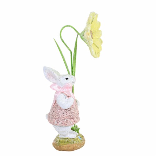 Easter Bunny In Pink Dress Figurine Polyresin Glittered Daisy Flower 20372A Perspective: top