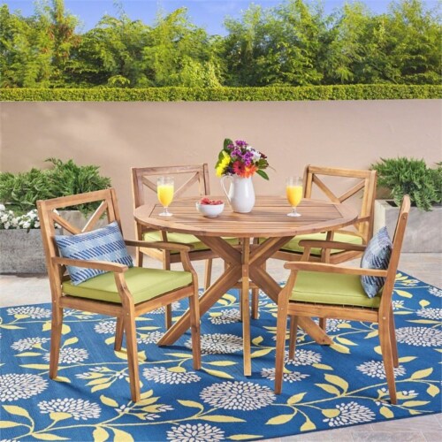 Noble House Llano 5 Piece Wooden Round Patio Dining Set in Teak and Green 1 King Soopers