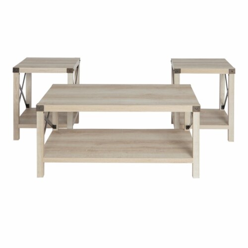 Walker Edison 3-Piece Rustic Wood and Metal Coffee Table Set in White Oak Perspective: top