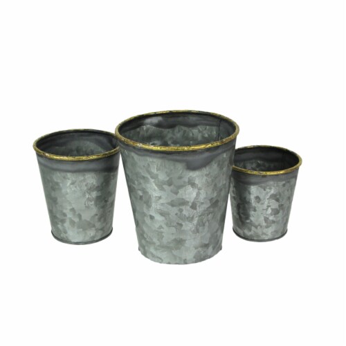 Set of 3 Galvanized Zinc Finish Primitive Buckets Hand Painted Metallic Gold Rims Perspective: top
