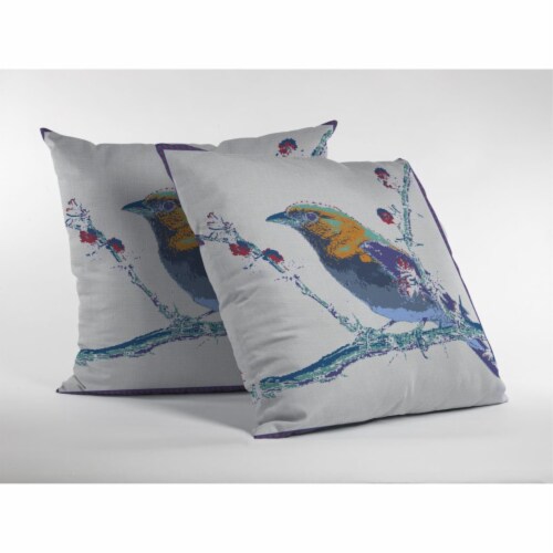 Perched Robin Double Sided Suede Pillow, Zippered, Purple On White Perspective: top