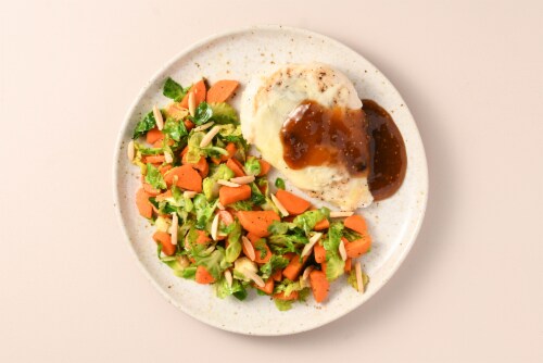 Home Chef Oven Kit Fig Mostarda Chicken with Carrots Brussels Sprouts and Almonds Perspective: top