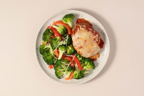 Home Chef Oven Kit Roman-Style Pork Meatloaf with Parmesan Broccoli and Red Peppers Perspective: top