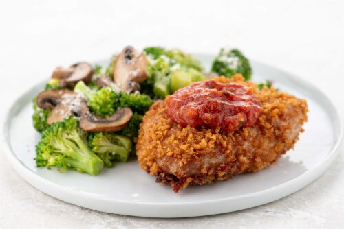 Home Chef Meal Kit Breaded Pork Diavolo with Parmesan Broccoli and Mushrooms Perspective: top