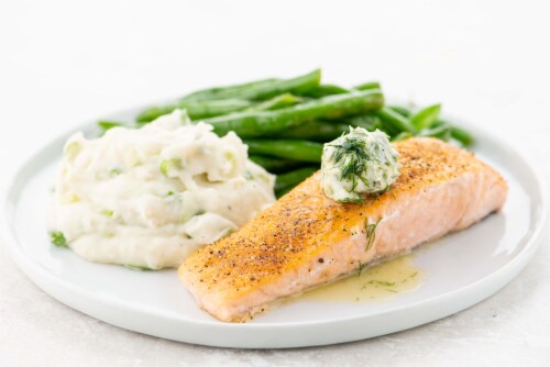 Home Chef Meal Kit Salmon and Dill Butter with Sour Cream and Onion Mashed Potatoes and Green Beans Perspective: top