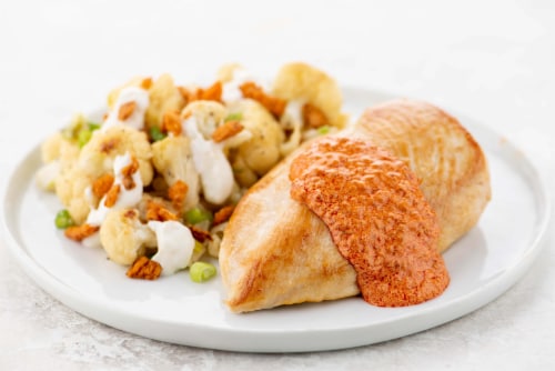 Home Chef Meal Kit Creamy Harissa Chicken with Lemon Garlic Cauliflower Perspective: top
