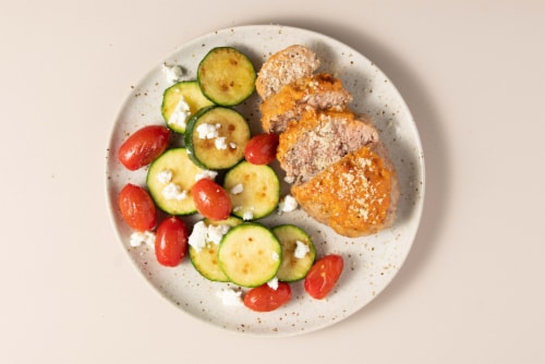 Home Chef Oven Kit Tomato Parmesan Turkey Meatloaf with Goat Cheese Zucchini Perspective: top