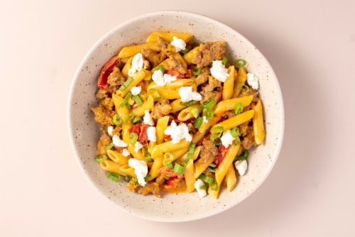 Home Chef Meal Kit Roasted Red Pepper And Italian Sausage Penne with Goat Cheese Perspective: top