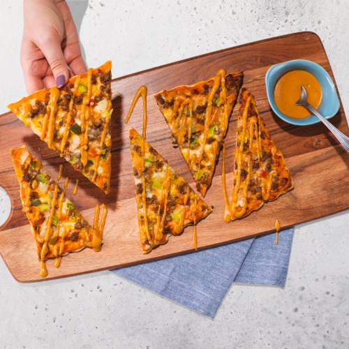 Home Chef Ready to Bake Cheeseburger Flatbread Fresh Pizza Perspective: top