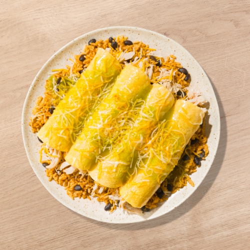 Home Chef Heat & Eat Family Meals Green Chicken Enchiladas Perspective: top