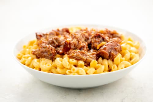 Home Chef Heat and Eat Macaroni & Cheese and Pulled Pork with BBQ Sauce Perspective: top