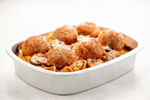 Home Chef Oven Kit Parmesan Pork Meatballs with Spaghetti and Marinara Perspective: top