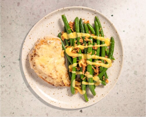 Home Chef Oven Kit Swiss Chicken With Honey Mustard Green Beans And Crispy Onions Perspective: top