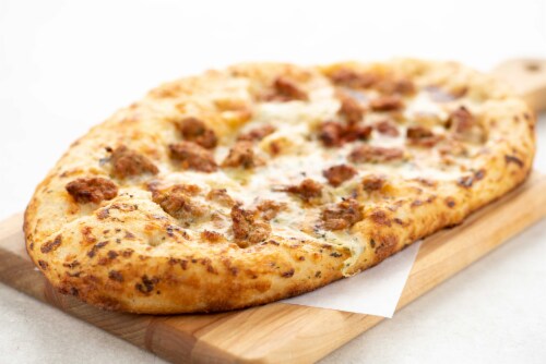 Home Chef Pizza Pork Sausage Alfredo Sicilian Style Pizza Perspective: top