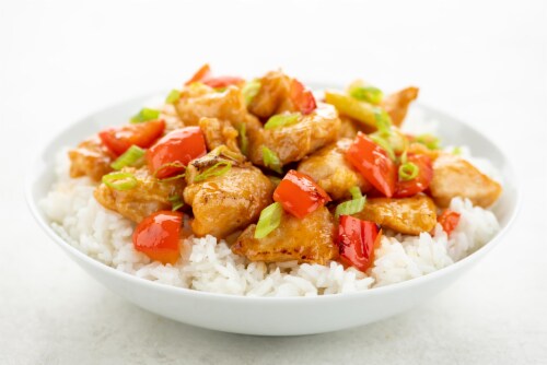 Home Chef Value Meal Crispy Sweet And Sour Chicken With Jasmine Rice And Red Bell Peppers Perspective: top