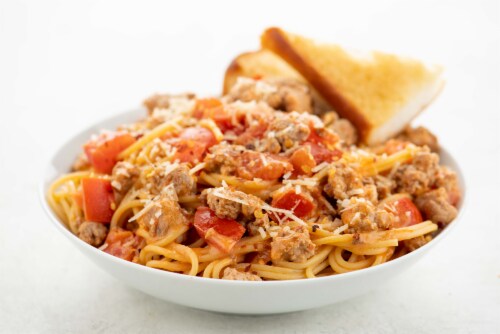 Home Chef Value Meal Creamy Tomato Pork Spaghetti With Parmesan And Garlic Bread Perspective: top